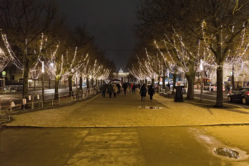 A wide city boulevard at night lined with bare trees wrapped in warm white holiday lights
