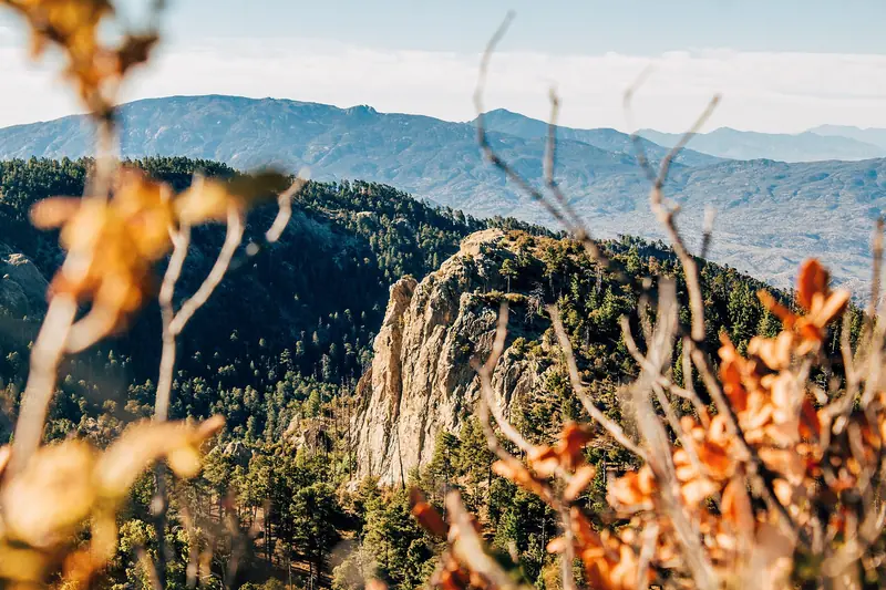 Rugged granite cliffs and forested ridges in the Santa Catalina Mountains near Tucson, framed by autumn leaves